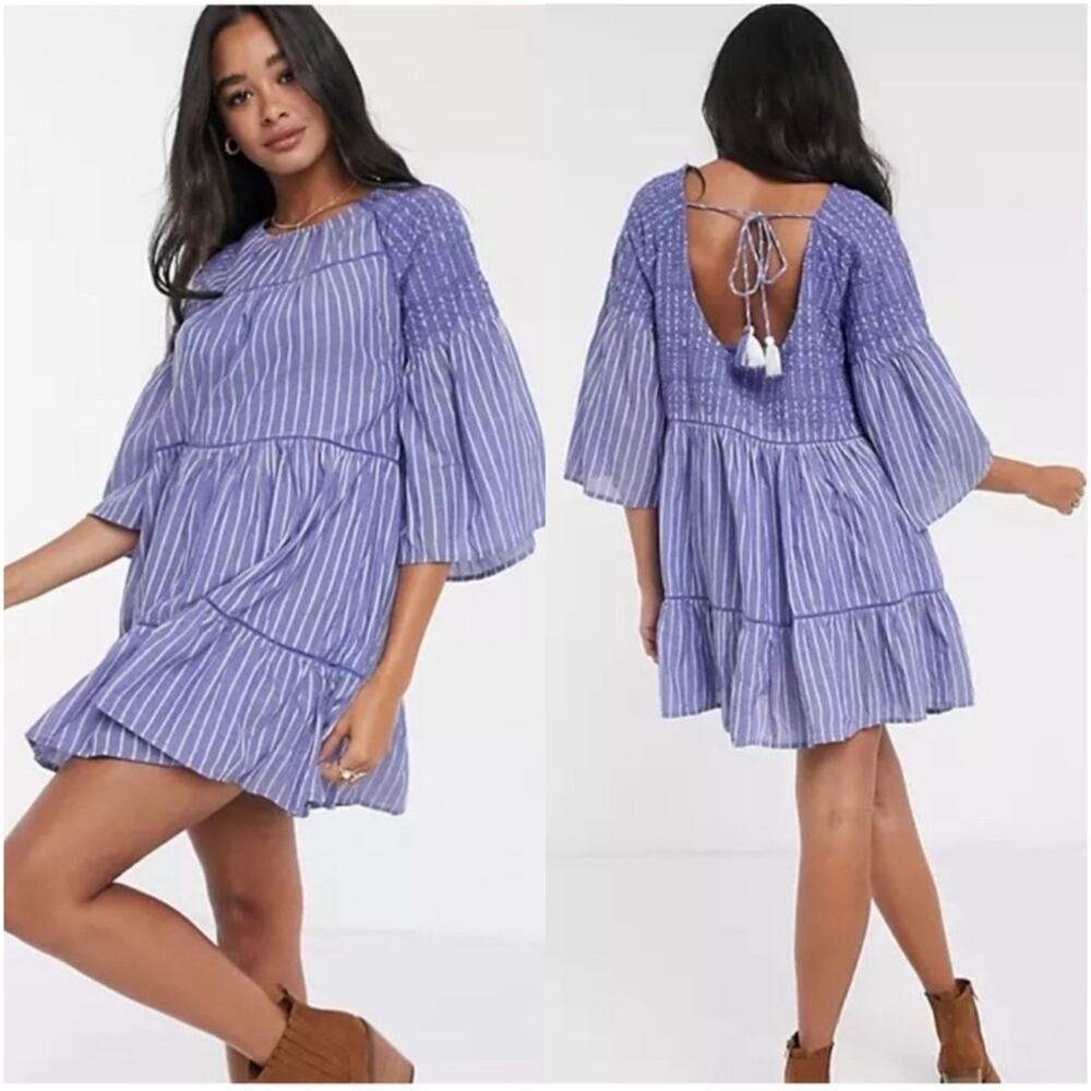 Free People Lola Striped Tiered Flounce Mini Chambray Dress
